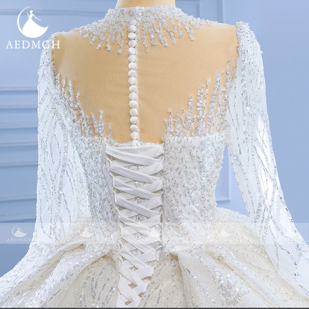Женское свадебное платье принцессы Aedmgh, бальное платье с высоким воротом и длинным рукавом, роскошное кружевное платье с блестками, 2024