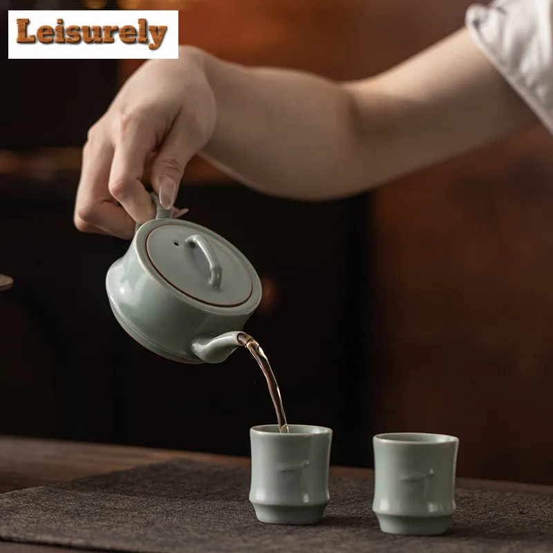 125ml Azure Ru Kiln Bamboo Joint Teapot Vintage Tea Infuser Pot Tea Soaking Kettle With Ball Hole Tableware Supplies Gift Craft