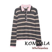 KONDALA Fashion Vintage 2026 Spring Striped Polo Women Knit Shirt Casual Loose Buttons Long Sleeve Streetwear Female Chic Tops - Image 5