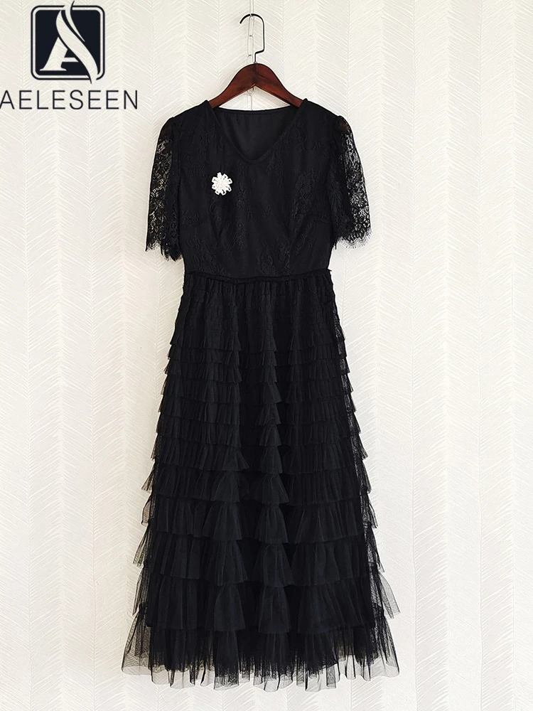 

AELESEEN Black Summer Lace Dress Runway Fashion V-Neck Beading Pearls Elegant Cascading Ruffles Tulle Party Holiday