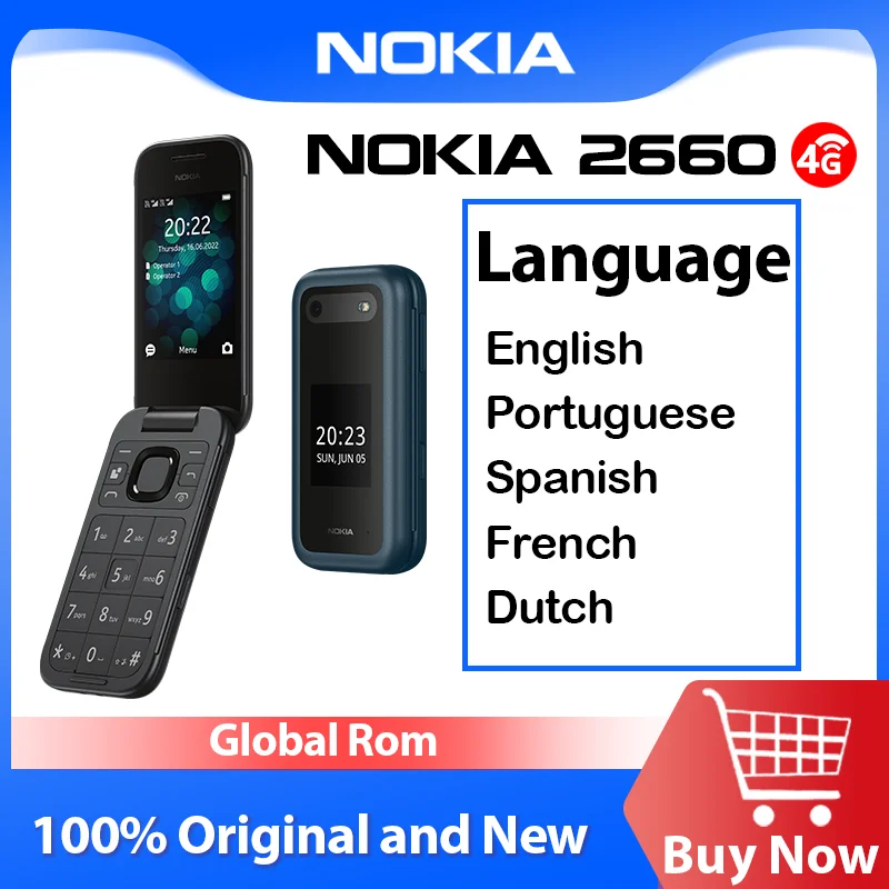 Global Rom Nokia 2660 Flip 4G Feature Phone Dual Sim 2.8 "Bluetooth Fm Radio 1450Mah Telefono A Pulsante Robusto Multilingue