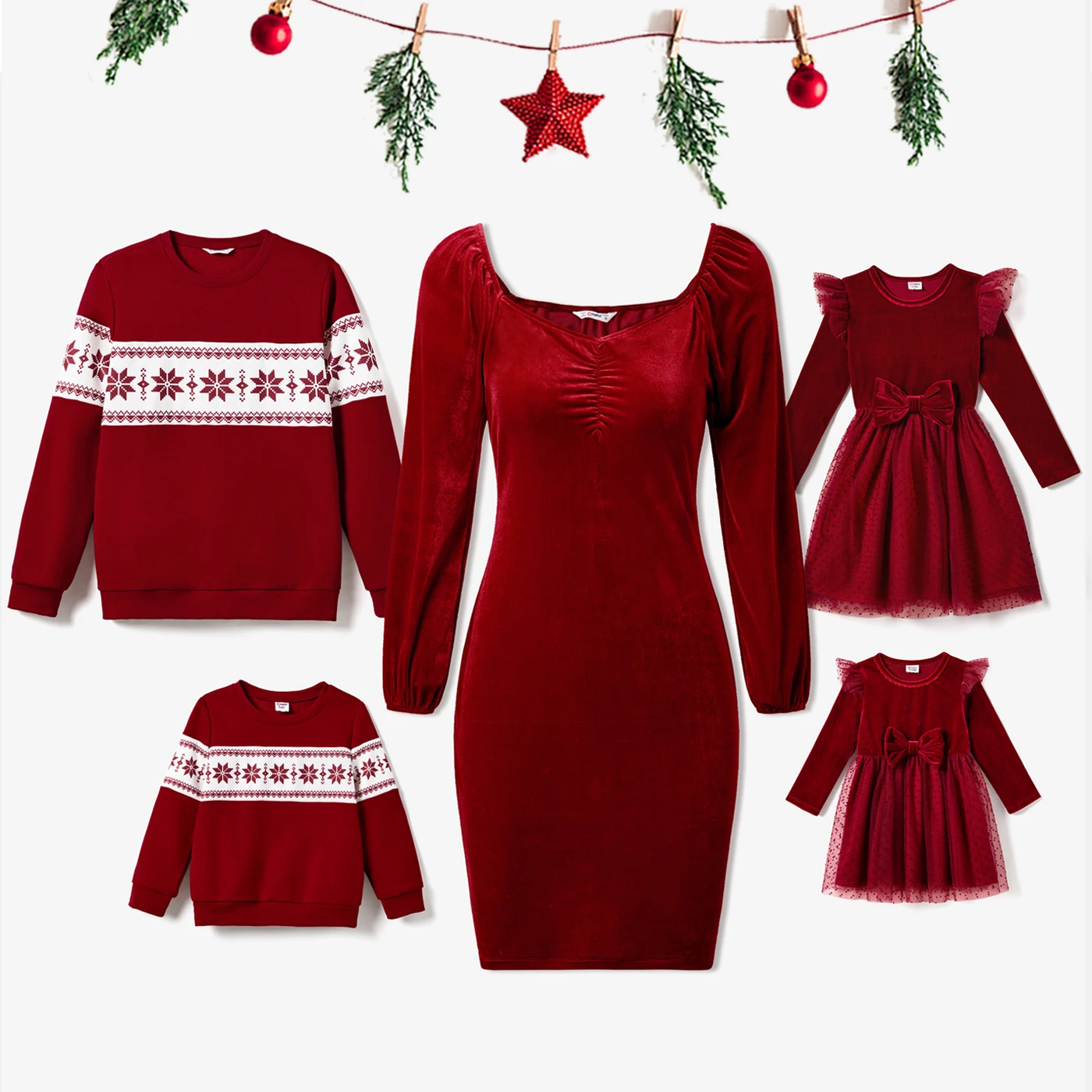 thumbnail image 2 of Conjuntos de blusas de manga larga con bloques de color y vestidos de terciopelo a juego para toda la familia de Navidad PatPat, 2 of 5