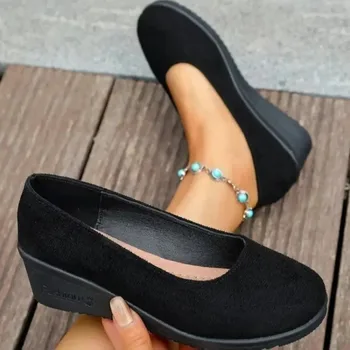 Women's Comfortable round Toe Slip-On Shoes Soft Bottom Slope Heel Velvet Surface Spring Autumn New Style Casual Shoes 1