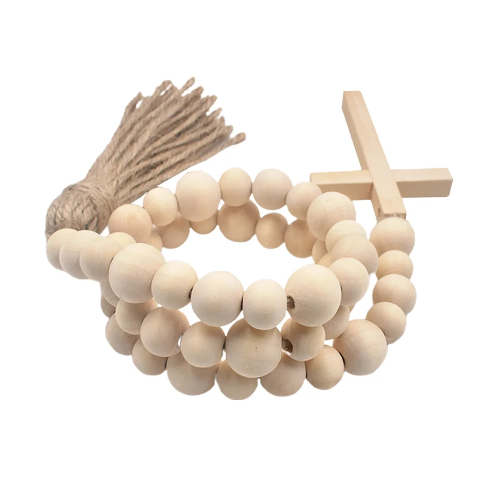 

Деревенская деревянная гирлянда из бусин с крестом Иисуса и кисточками, деревенская деревянная гирлянда из бусин, весенний декор, молитвенные бусины для многоярусного подноса