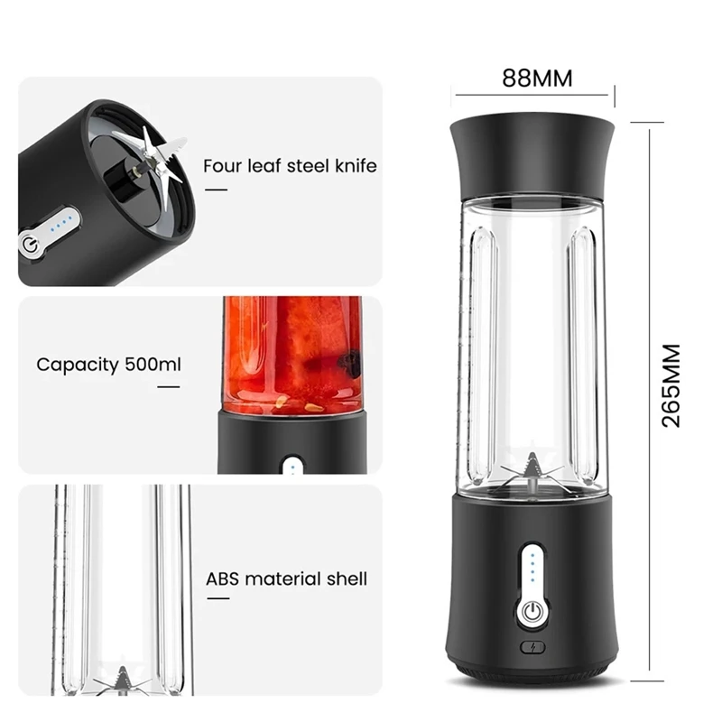 Portable Electric Blender Mini Handheld Fruit Mixer With 6 Blades Personal USB Rechargeable Juices Cup 500ML 6