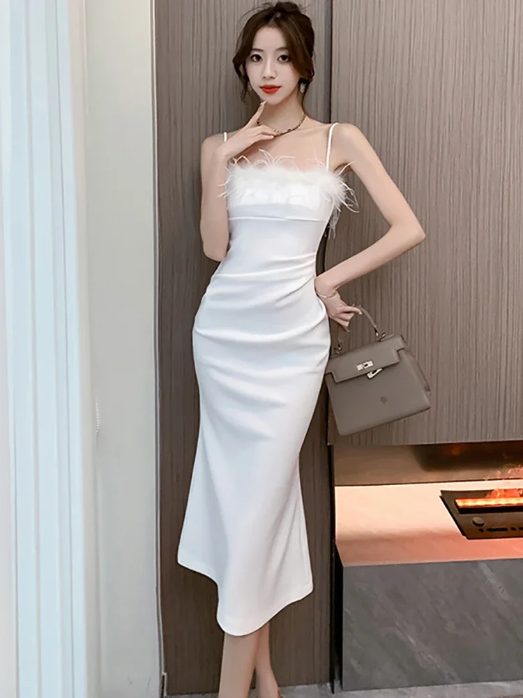 

2023 White Chic Flocking Luxury Sling Sexy Long Dress Autumn Winter Elegant Dance Party Dress Women Korean Vintage Dresses Prom