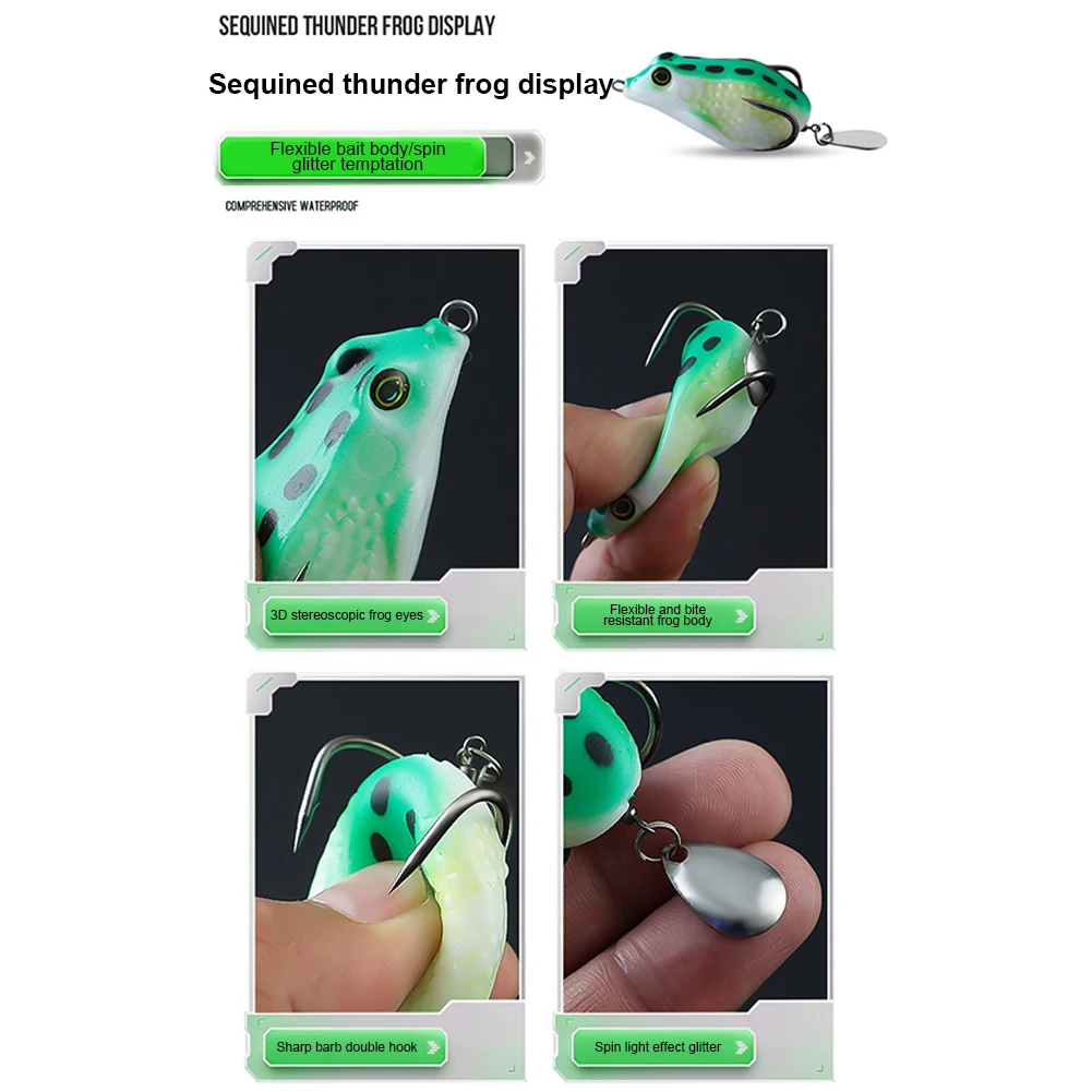 Description Picture 5 of item4Pcs Frog Fishing Lures Floating Frog Lures Kit with Spinner Blade Soft Oft Swimbaits Top Water Frog Lures for Salmon Catfish