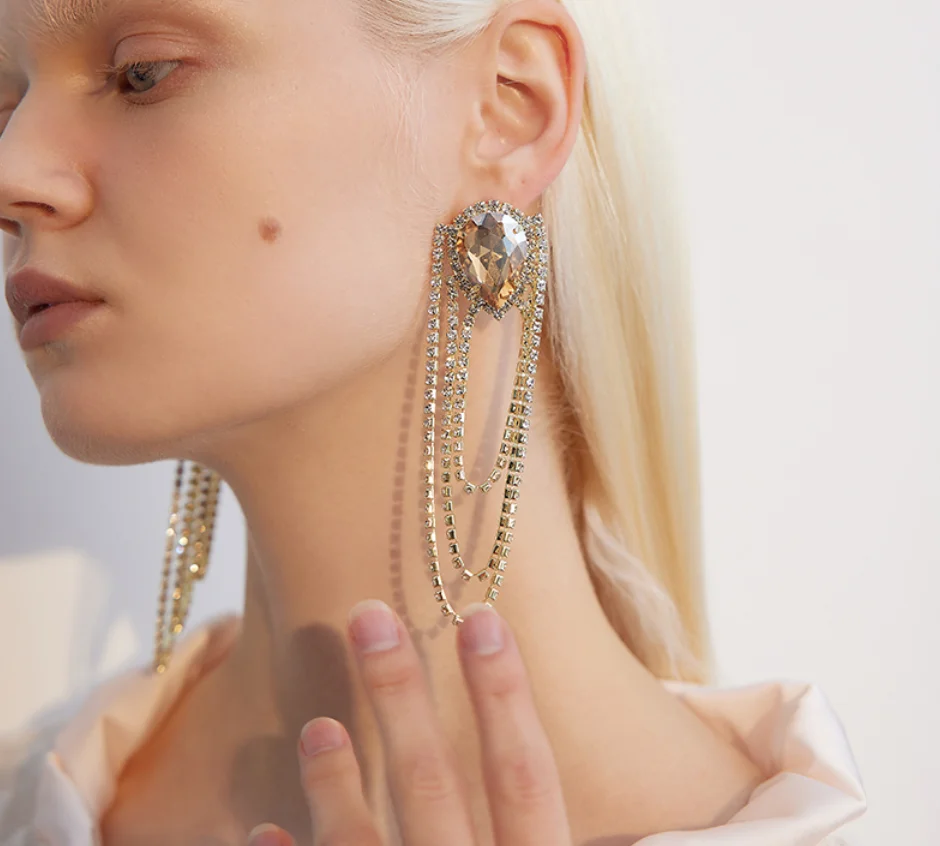 925 silver needle artificial Rhinestone tassel simple wedding party Earrings for women Fashion Jewelry