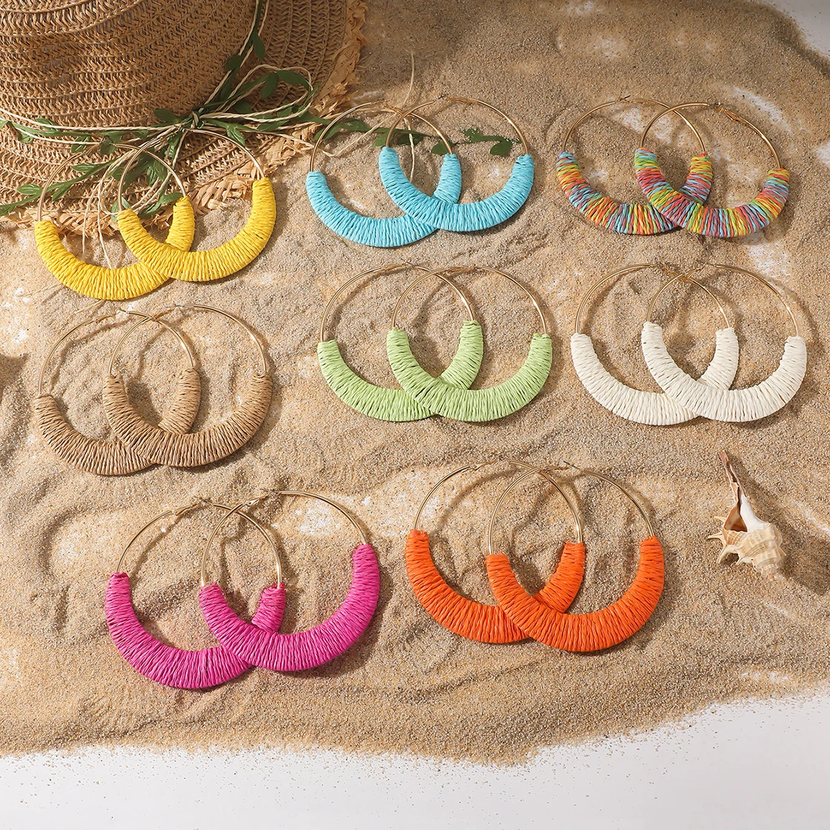 Bohemia Exaggerated Multicolor Raffia Big Hoop Earrings for Women Handmade Irregular Rattan Knit Circle Earrings Summer Jewelry