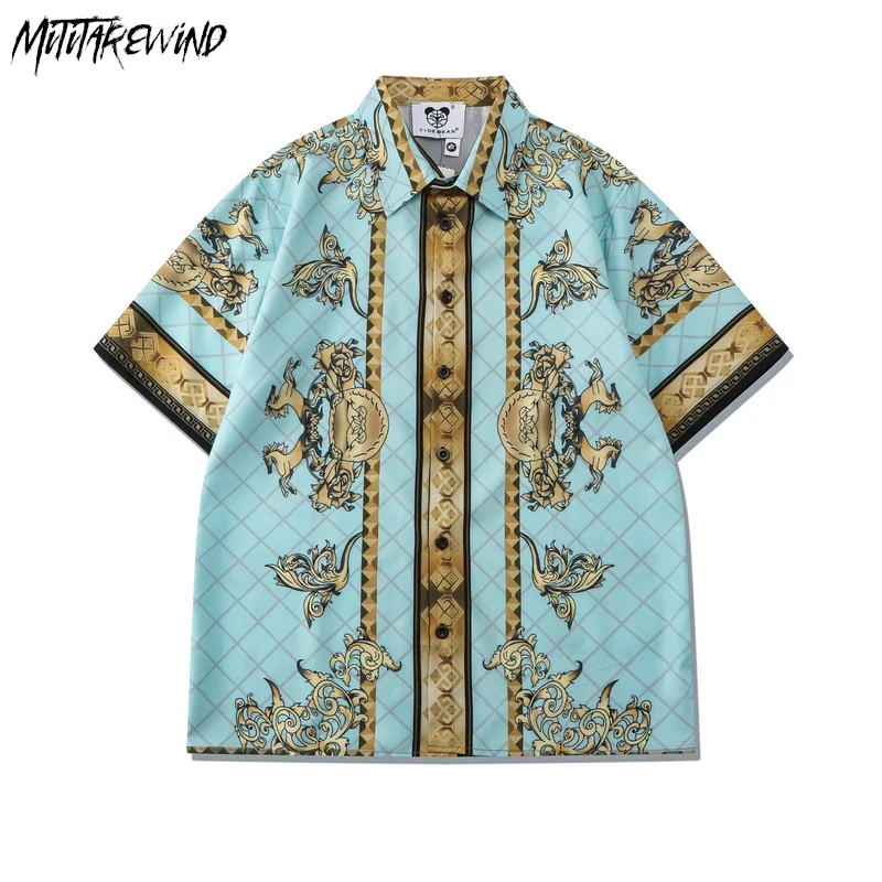 

Fashion High Street Loose Shirts Mens Hawaiian Shirt Male Casual Printed Beach Shirts Short Sleeve Summer Holiday Beach Tops