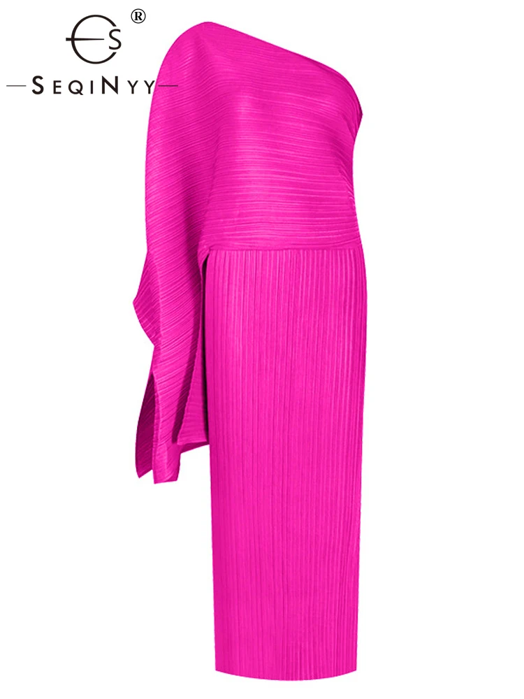

SEQINYY Elegant Midi Dress Summer Spring New Fashion Design Women Runway High Street Vintage Pure Color Casual Elastic