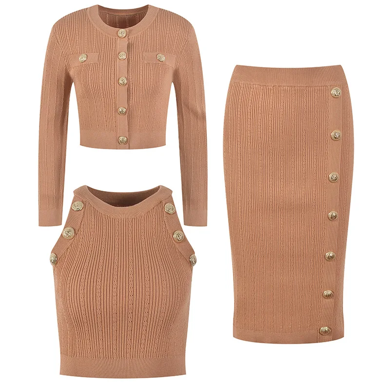 3 Pieces Sets Women Sweater Cardigans Knitted Crop Tops Camis Sheath