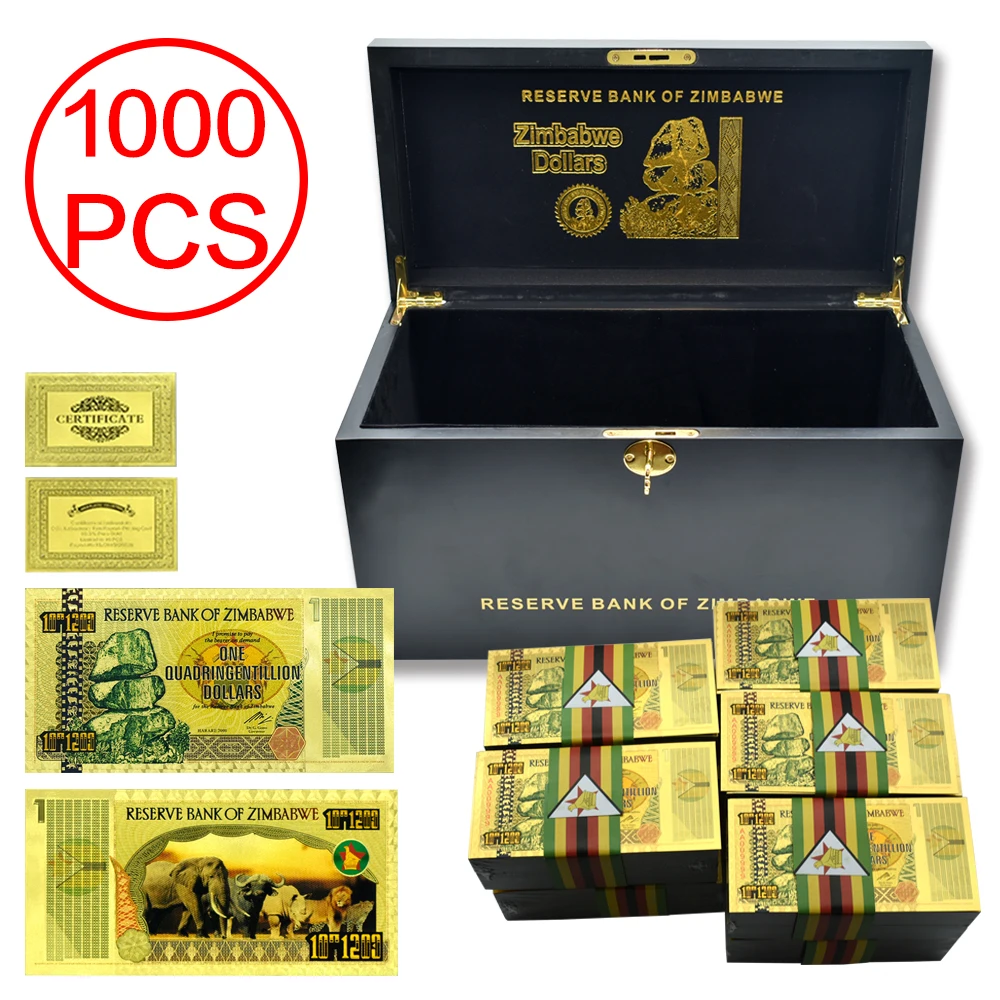 

1000pcs/box Zimbabwe Original Gold Banknotes One Quadringentillion Dollars Souvenir Banknotes with Wooden Box