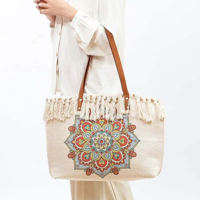 

New Casual Shoulder Bag Printed Bohemian Ethnic Style Tassel Canvas Large Capacity Shopping Cart Tote Bag