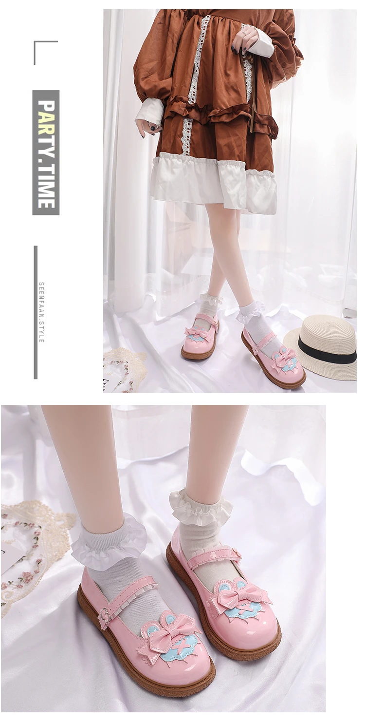 Lolita Shoes 2022 New Sweet Bow Buckle Strap Sexy Shoes Woman Solid Color Patchwork Lace Flat Platform Fashion Mary Jane Shoes
