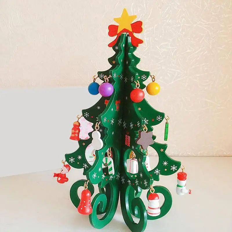 

19cm Christmas Tree Children's Handmade DIY Stereo Wooden Xmas Tree Scene Layout Household Party Decor Ornaments toy Gifts