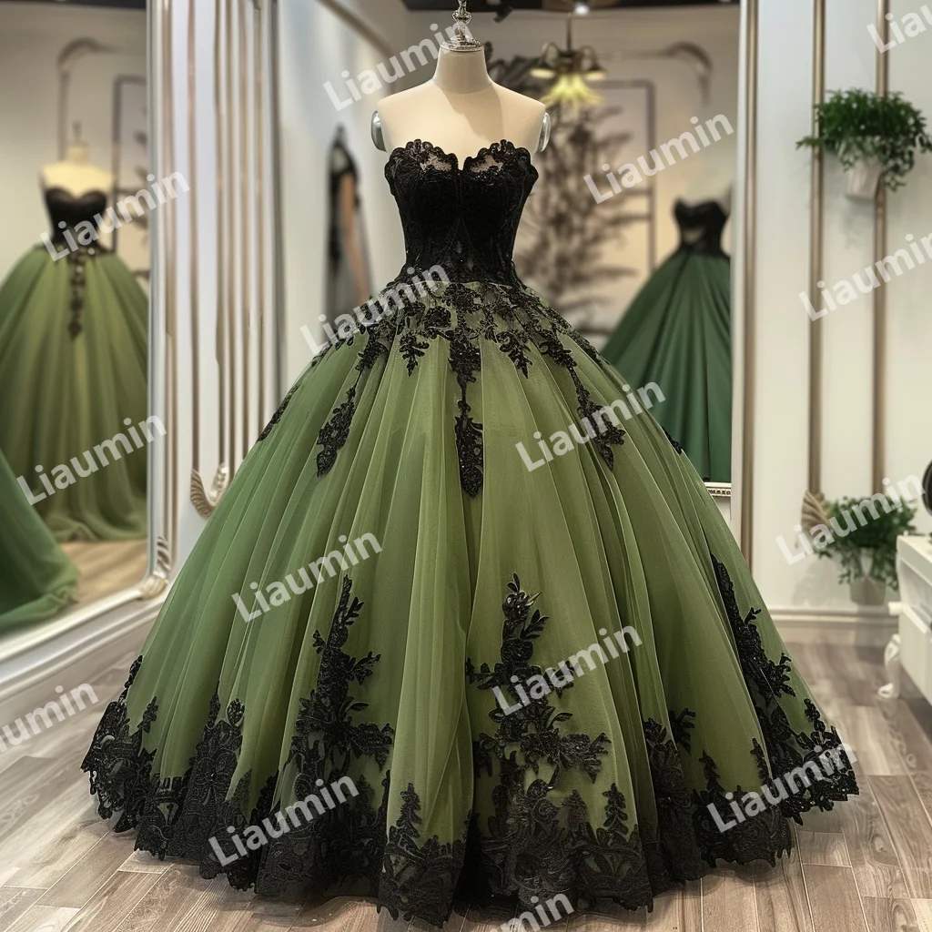 

New Green Tulle Black Lace Applique Strapless Ball Gown Prom Formal Dresses Evening Party Lace Up Back Custom Hand Made A3-3.3