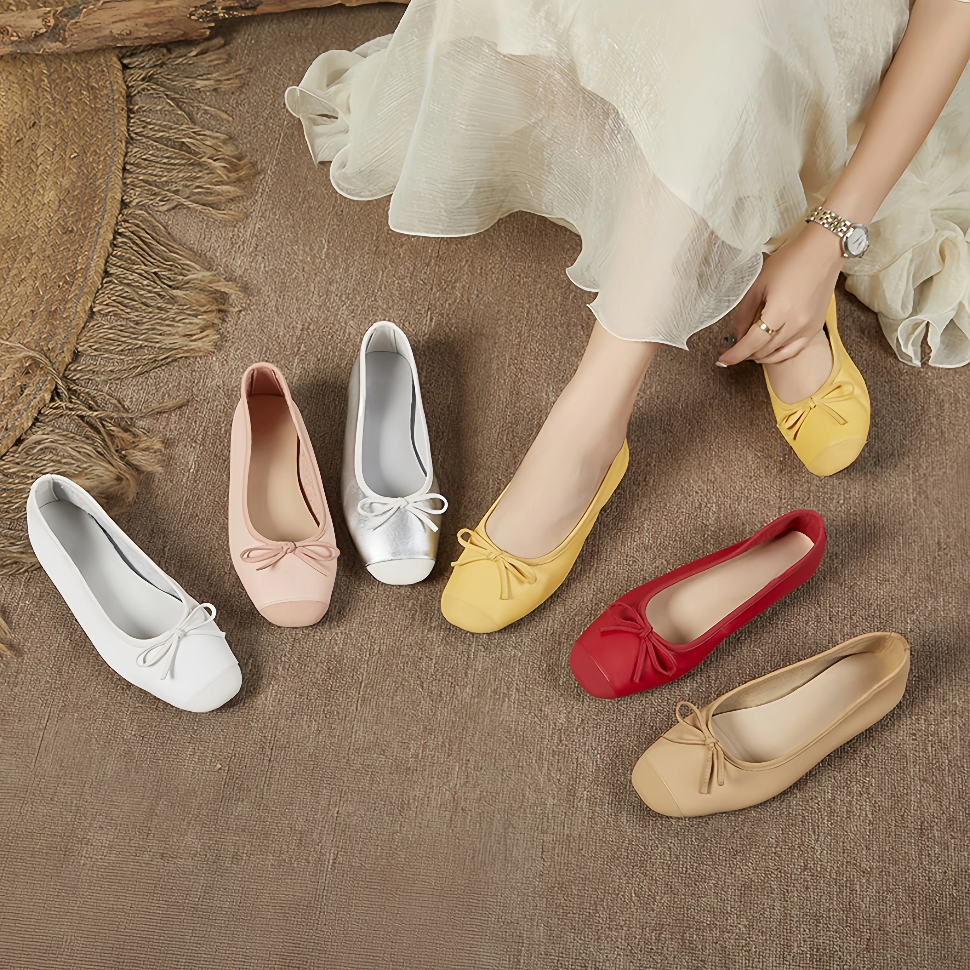 Retro Korean Bow Square Headed Baotou Grandma Shoes 2024 Summer New French Ballet Flat Shoes Women's Shoes