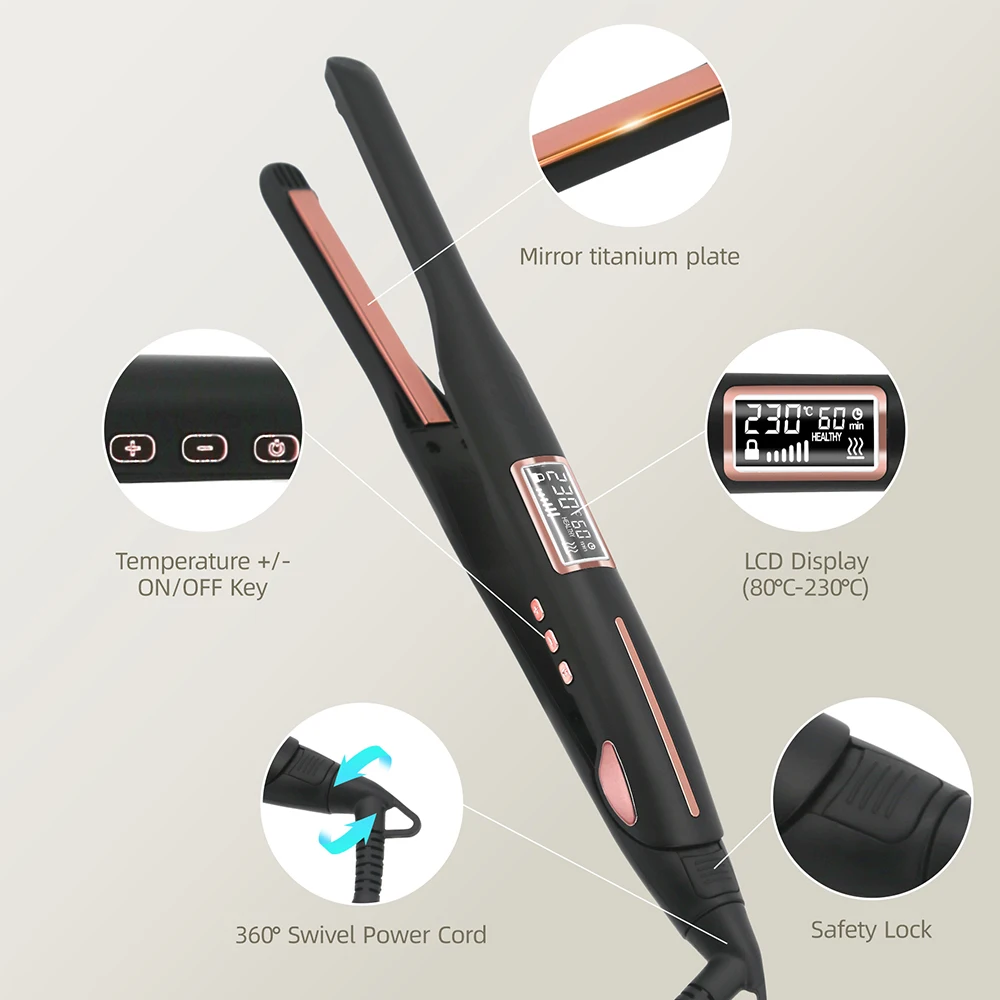Hair Straightener Curler 450°F Professional Titanium Thinnest Plate Pencil Flat Irons For Short Hair Men's Beard Styler 100-240V 5