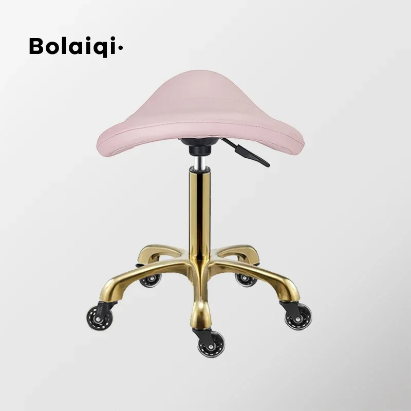Professional Salon Pedicure Saddle Gold Base Chair Saddle Stool with Wheels Rolling Chair Portable 360 Degree Rotatable