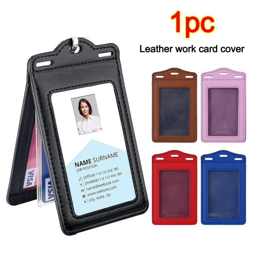 1Pc PU 가죽 Trifold Duty ID 카드 홀더 ID 이름 카드 용 배지 홀더 비즈니스 이름 태그 학생 ID 카드