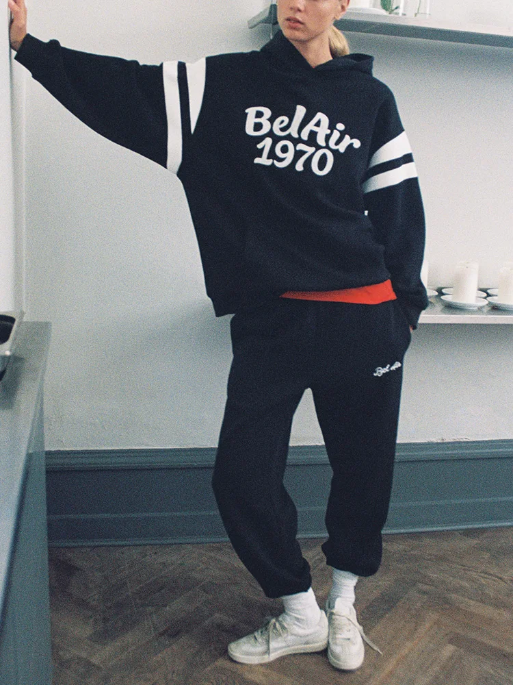 

Вышитый слоган, спортивный повседневный спортивный костюм, женский комплект из двух предметов, объемная толстовка с капюшоном и брюки для бега трусцой, комплекты женской одежды