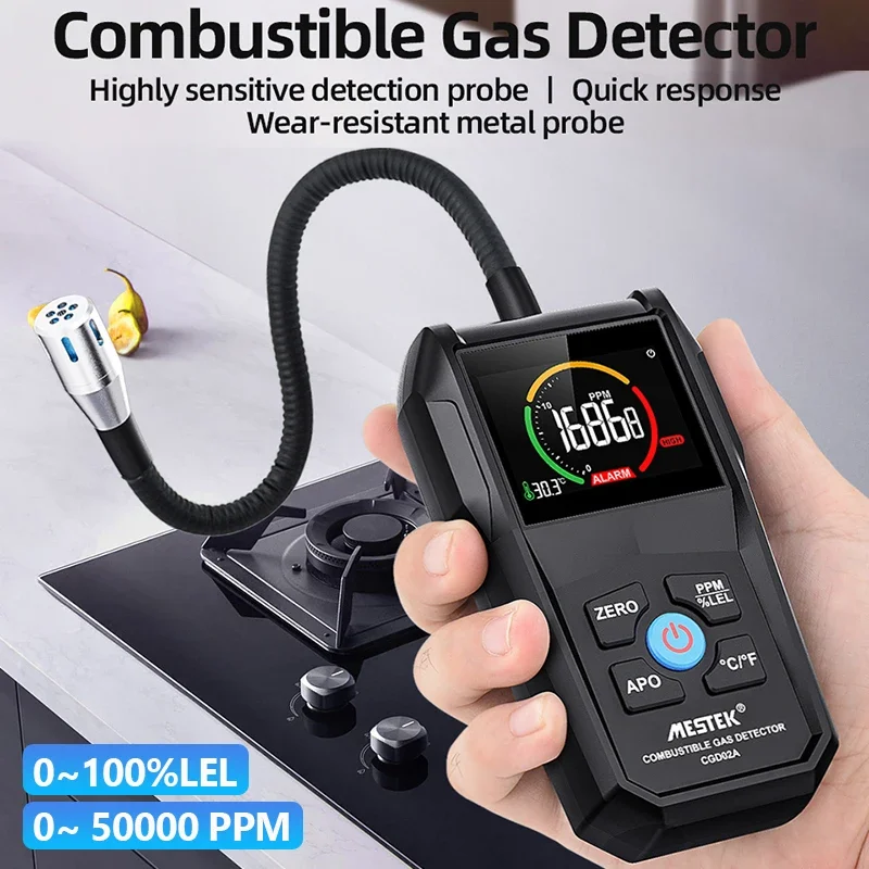 Gas Leak Detector Analyzer Methane Flammable 50000 PPM LEL Combustible Natural Tester LCD Screen Sound and Light Alarm
