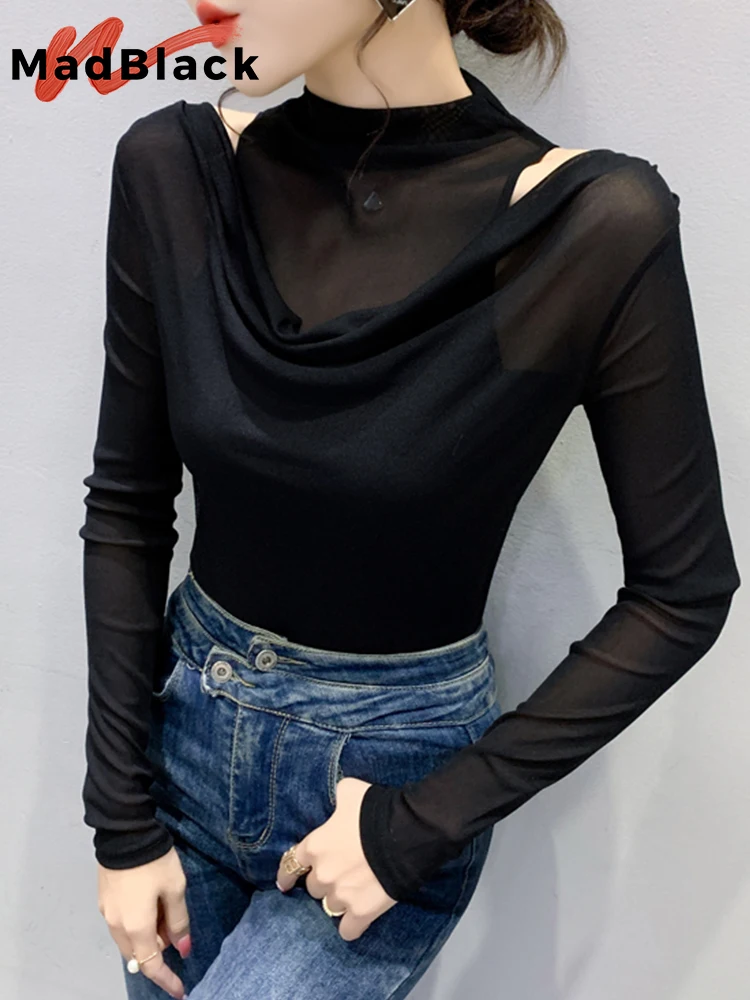 

Весенняя европейская одежда MadBlack, Сетчатая футболка, сексуальные Лоскутные Женские топы с вырезами и длинным рукавом, 2022, футболки, футболки T1D829A