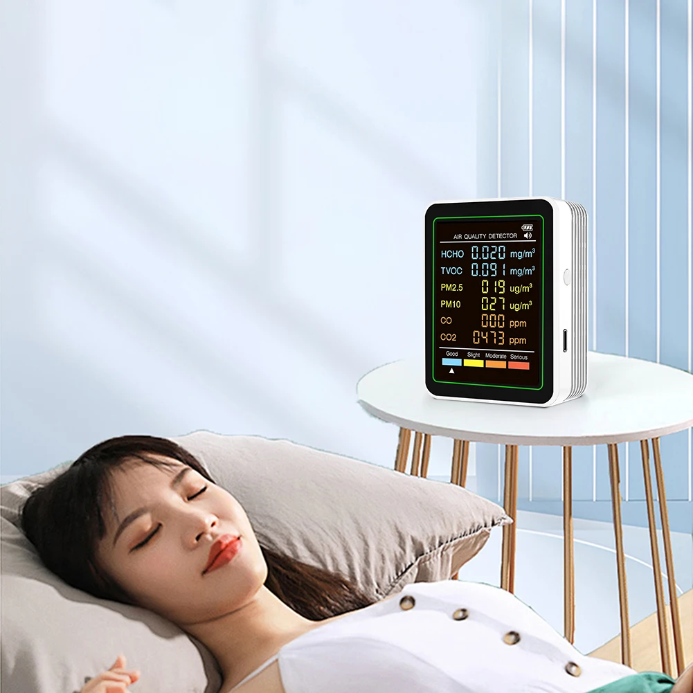 6-in-1 Air Quality Monitor Portable Temperature Humidity Detectors Real-Time Omaldehyde TVOC PM2.5/10 Carbon Dioxide CO Tester
