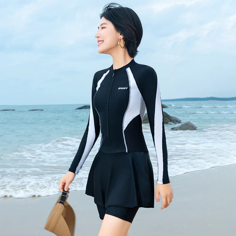 

2024 One Piece Swimsuit Women Girls Zip Front Rash Guard Surfing Beachwear Modest Swimming Costumes Legsuit Swimwear with Skirt