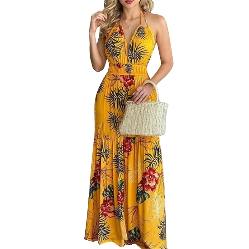 Womens Floral Summer Dress Halter V Neck Sleeveless Swing Flowy Boho