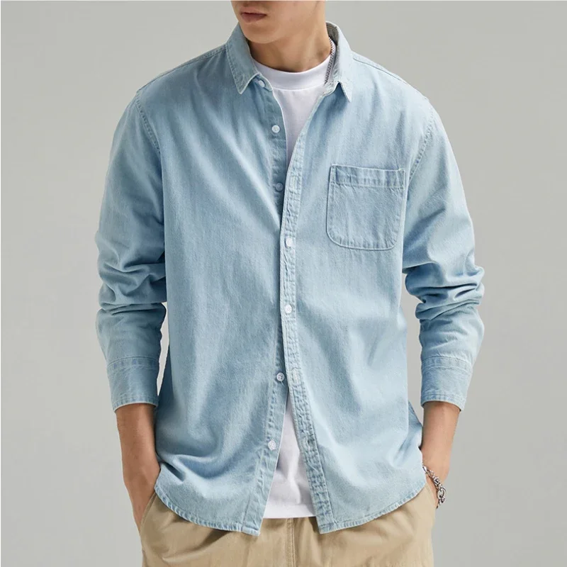 Four Seasons Men Long Sleeve Denim Shirt Cotton Jacket No Ironing Casual Social Comfortable Breathable 3 Colors