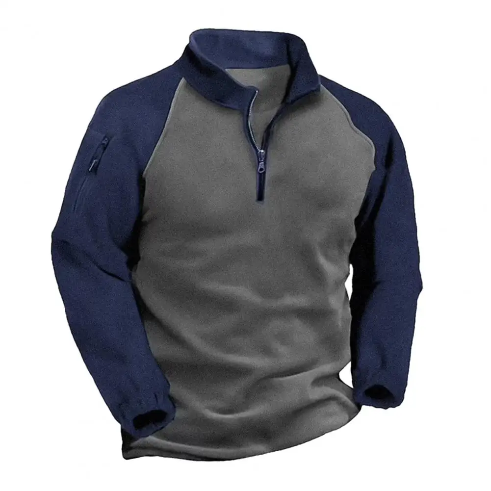 

Men Fall Spring Top Zipper Stand Collar Color Matching Long Sleeve Elastic Cuff Soft Polar Fleece Pullover Warm Men Shirt