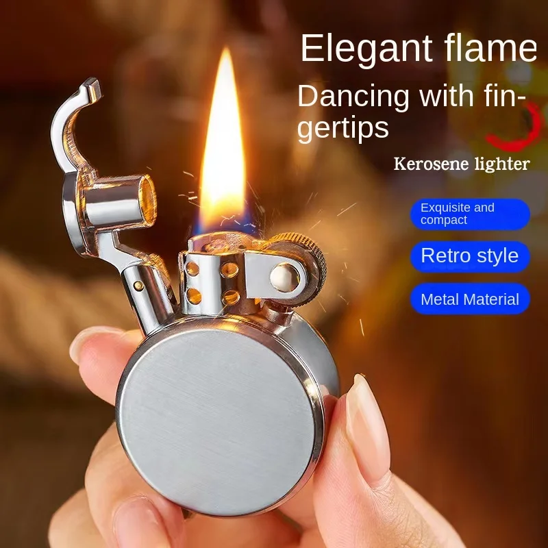 Kerosene Lighter Retro Round Kerosene Lighter Creative Metal Windproof Flame Lighter Gold and Silver Oil Smoking Accessories Tool