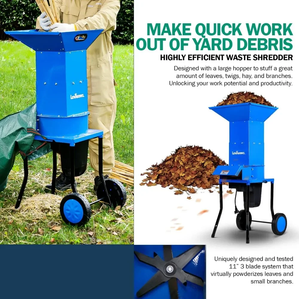 Leaf Mulcher Shredder Electric Green and Waste Management Heavy Duty 120V AC 11" Inch Cutting Blade 5" Inch Cutting Capacity