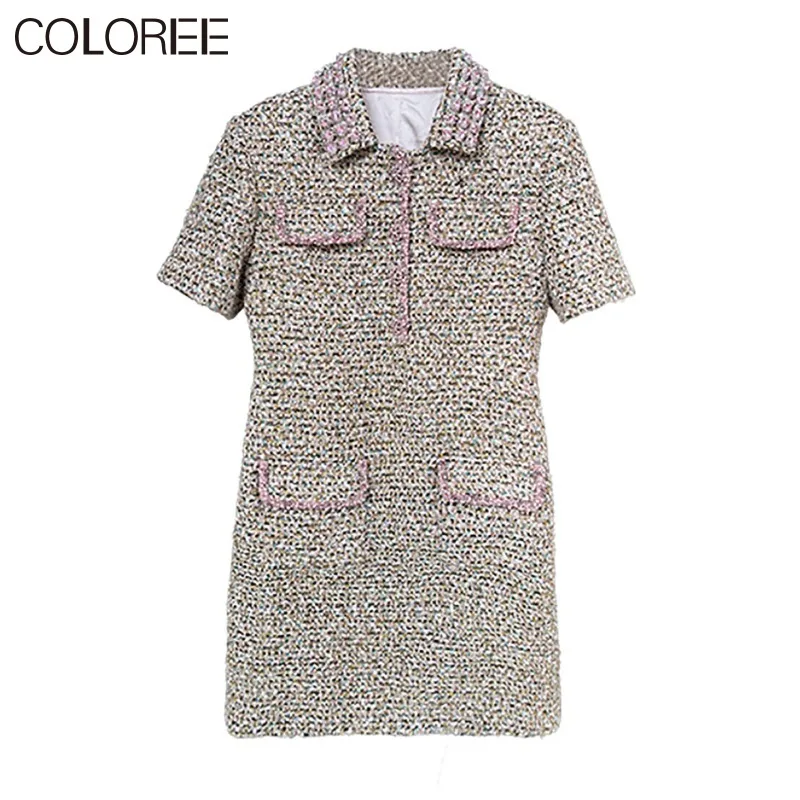 

Runway Designer High Quality Autumn Dress for Women 2023 Luxury Diamonds Beading Short Sleeve Mini Wool Dresses Vestidos