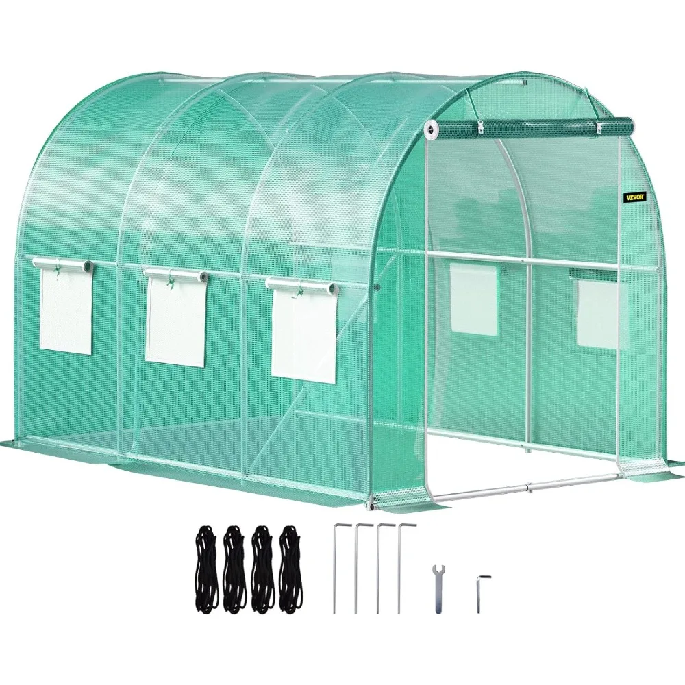 Greenhouse Garden 6 Roller Shutters Greenhouse for Outdoor Galvanized Steel Hoops 1 Roof Beam and 2 Diagonal Rods Green Supplies