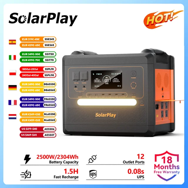Générateur solaire SolarPlay 2500W Q2402M, station d'alimentation portable 2304Wh avec batterie LiFePO4, alimentation mobile solaire extérieure avec sortie AC 2500W (4800W en crête) pour le camping familial en plein air. 1