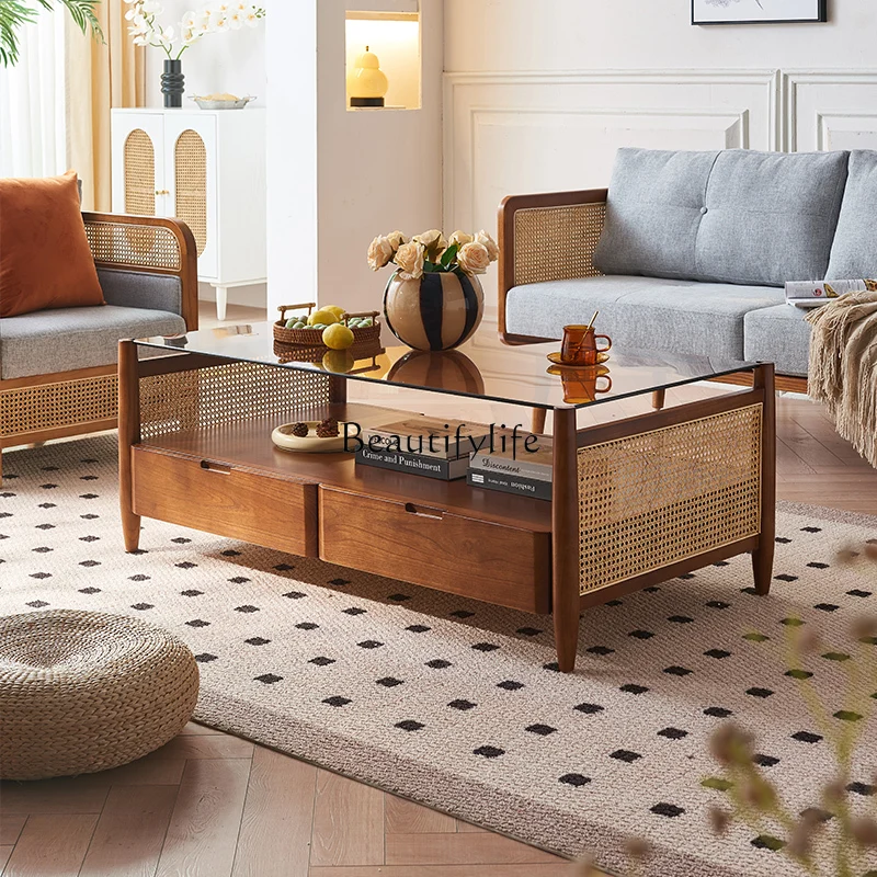 

Nordic Solid Wood Coffee Table Living Room Rectangular Rattan Mobile Glass Simplicity Modern Small Apartment