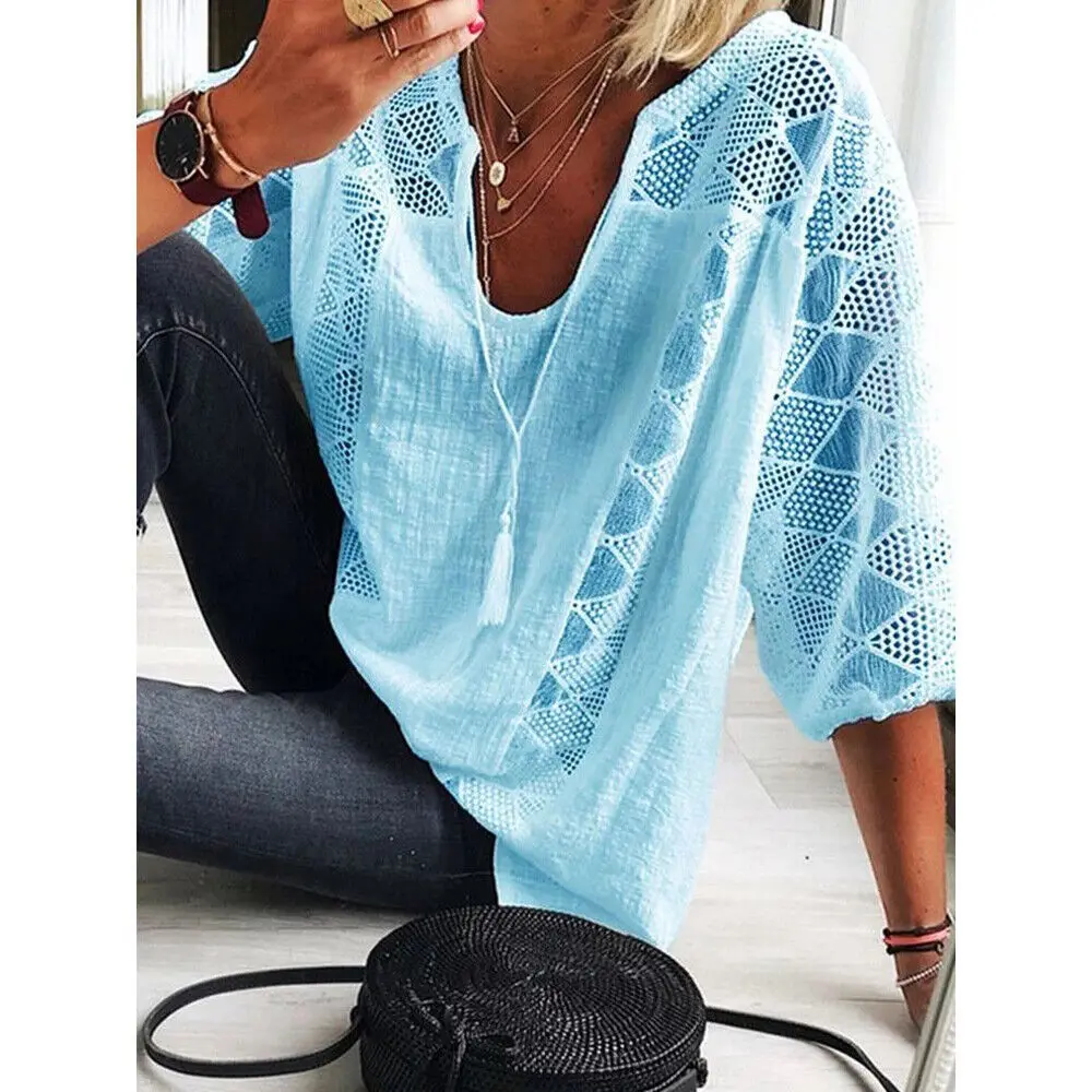 

Women's blouse 2023 Spring/Summer Cotton Lace Shirt Spliced U Neck 3/4 Sleeve Top Women's Solid Loose Blouse