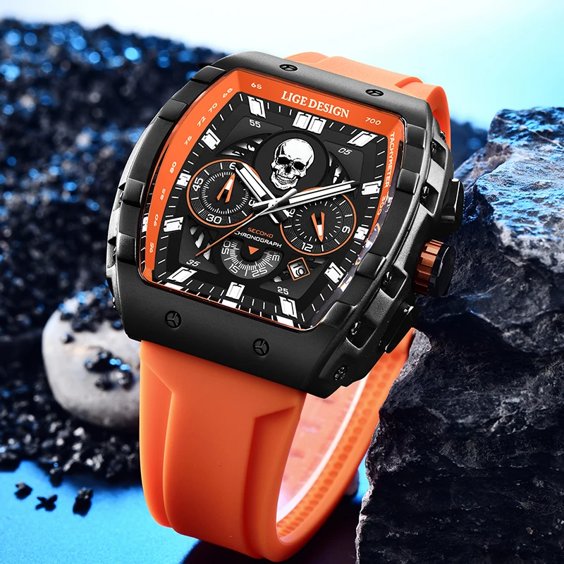 LIGE Fashion Silicone Men\'s Watches Skeleton Skull Big Dial Military Watch Men Chronograph Quartz Wrist Watch for Men Date Clock