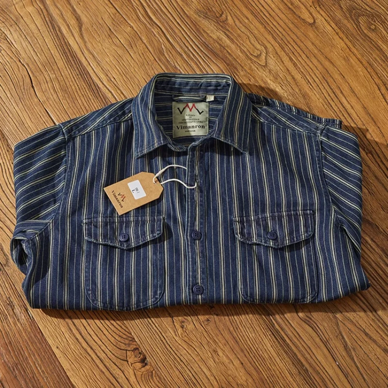 Denim Shirt Vintage vertical stripe denim shirt with heavy Aimi khaki cargo wash to make old men's coat