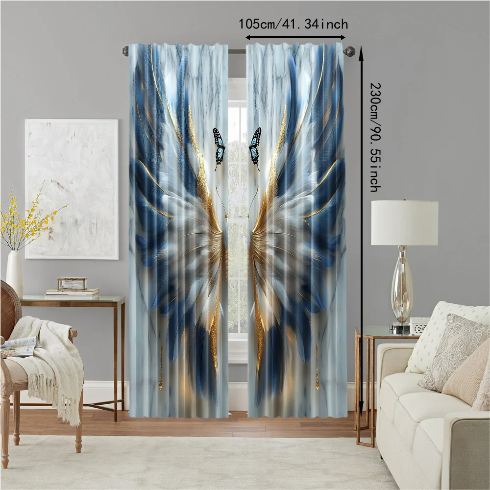 2pc,  Party Window Curtains Abstract Blue Feather Polyester,Without Electricity Birthday Party Perfect for Office decoration 4