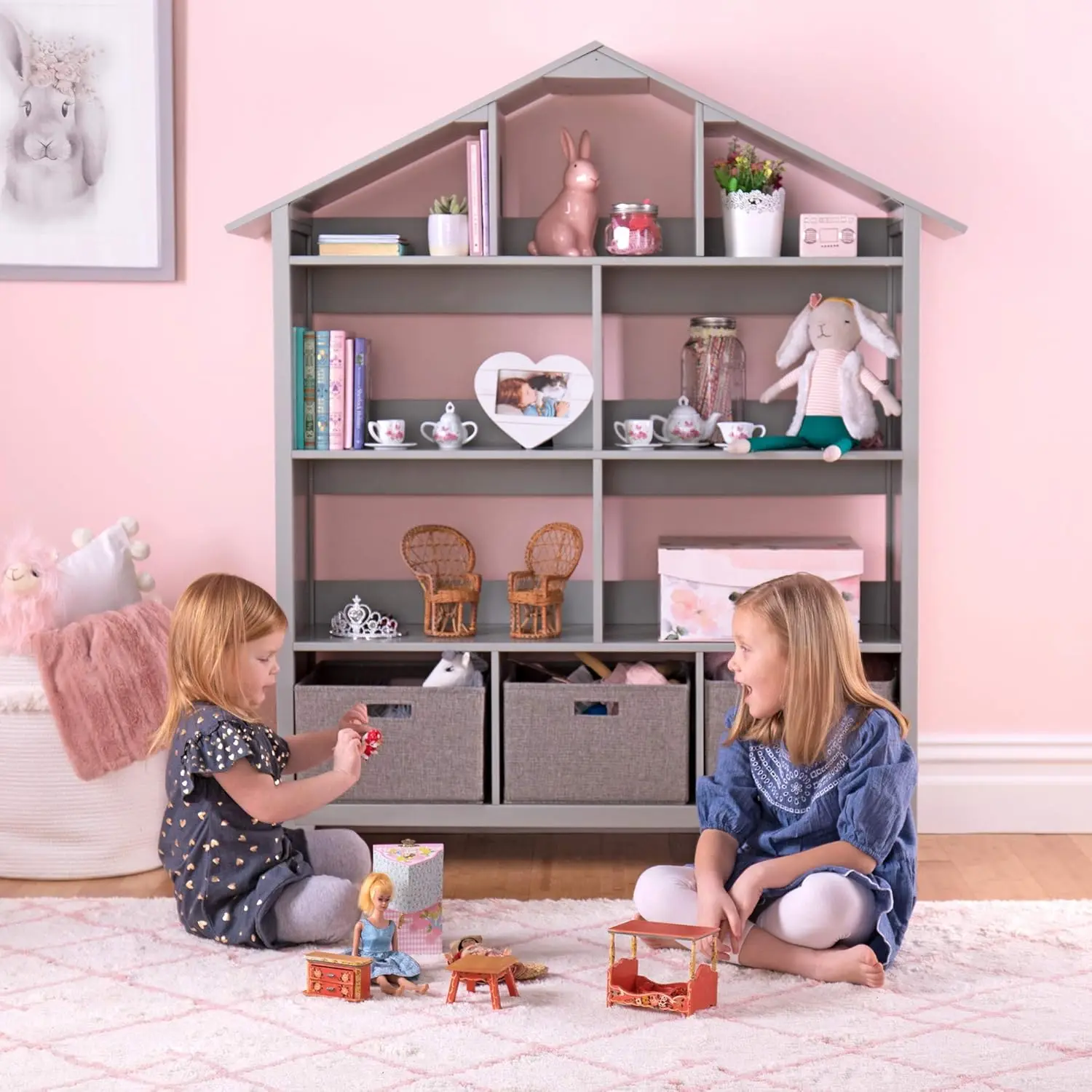 Stewart Kids' Deluxe Dollhouse Bookcase-Gray: Large Wooden Storage Organizer for Books, Dolls, Toys Bookshelf for Children's