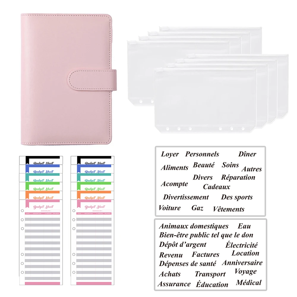 Pu Lederen Notebook A6 Bindmiddel Diy Planner Organizer 8 Rits Zakken 12Pcs Budget Vel 2 Stuks Franse Alfabet Stickers