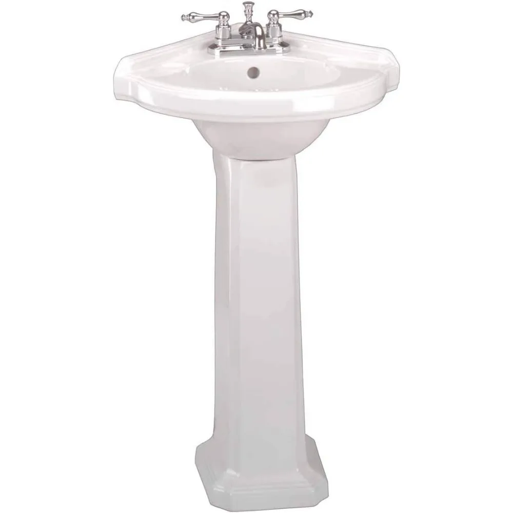 22" Corner Pedestal Bathroom Sink in White, with Overflow and Pre，Drilled 4" Centerset Faucet Holes, Easy，Clean Design 5