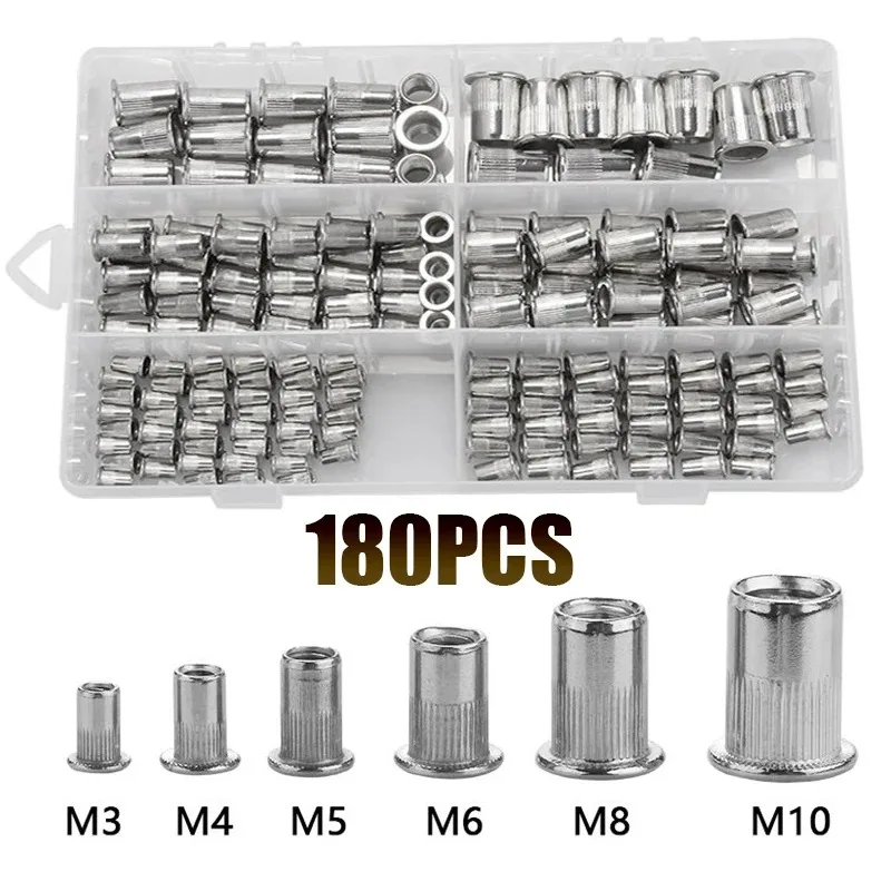 180ชิ้น304 M3สแตนเลส M5 M4 M8 M6 M10หัวแบน countersunk ใส่เกลียวหมุดย้ำหมวกนัทชุดอุปกรณ์เสริมหมุดย้ำ 1
