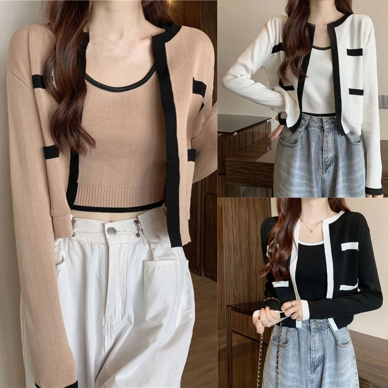 glossy down cotton vest women autumn winter snow wear thick sleeveless jacket korean fashion plus size cropped waistcoat loose Women Autumn 2 Piece Knitted Contrast Color Striped Outfits Long Sleeve Open Front Cropped Cardigan with Sleeveless for Dropship