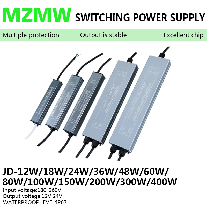 IP67 방수 LED 드라이버 스위칭 전원 공급 장치 12W 18W 24W 48W 60W 100W 200W 300W 400W 12V 24V 조명 변압기 어댑터