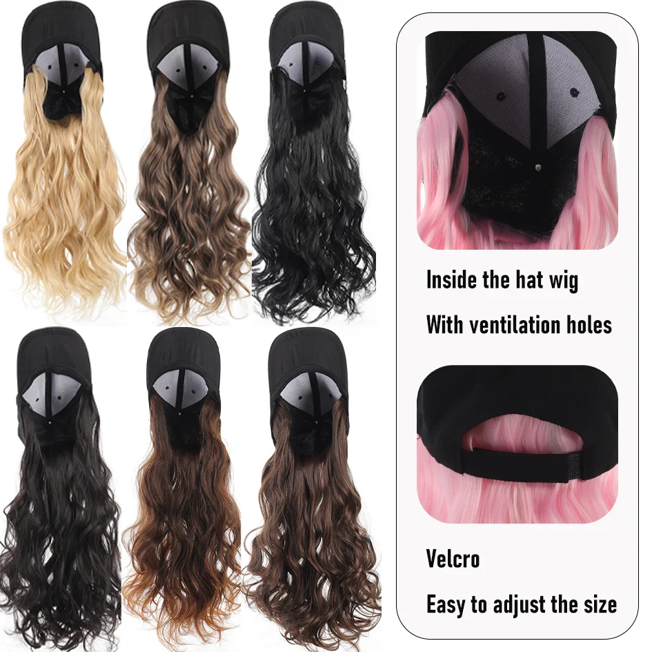 Synthetic Hat Wig 20 inch black baseball cap water wave wig ducktail wig blonde wig brown wig pink wig hat extensions christmas